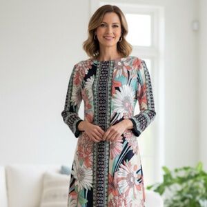 London Times 3/4 Sleeve Floral Scarf Print Sheath Dress Size 8 - Mod Retro Style